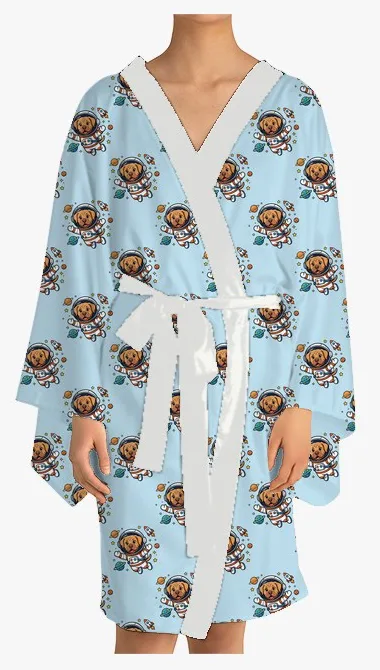 Kimono with a pattern of: my puppy as a tiny astronaut, in Bold Cartoon style