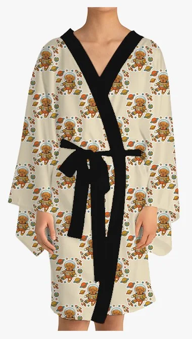 Kimono with a pattern of: my puppy as a tiny astronaut, in Retro Sticker style
