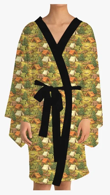 Kimono with a pattern of: our family camping trip seen from above, in Painted Storybook · painted scene style