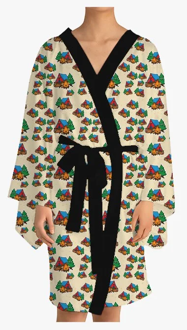 Kimono with a pattern of: a happy camping set: tent, canoe, campfire and pine tree, in Bold Cartoon · tossed print style