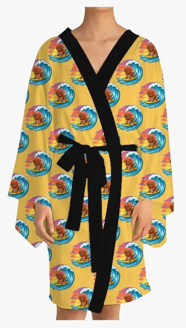 Kimono with a pattern of: my dog surfing a big wave at sunset, in Bold Cartoon style