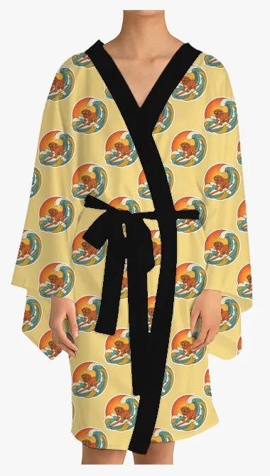 Kimono with a pattern of: my dog surfing a big wave at sunset, in Retro Sticker style