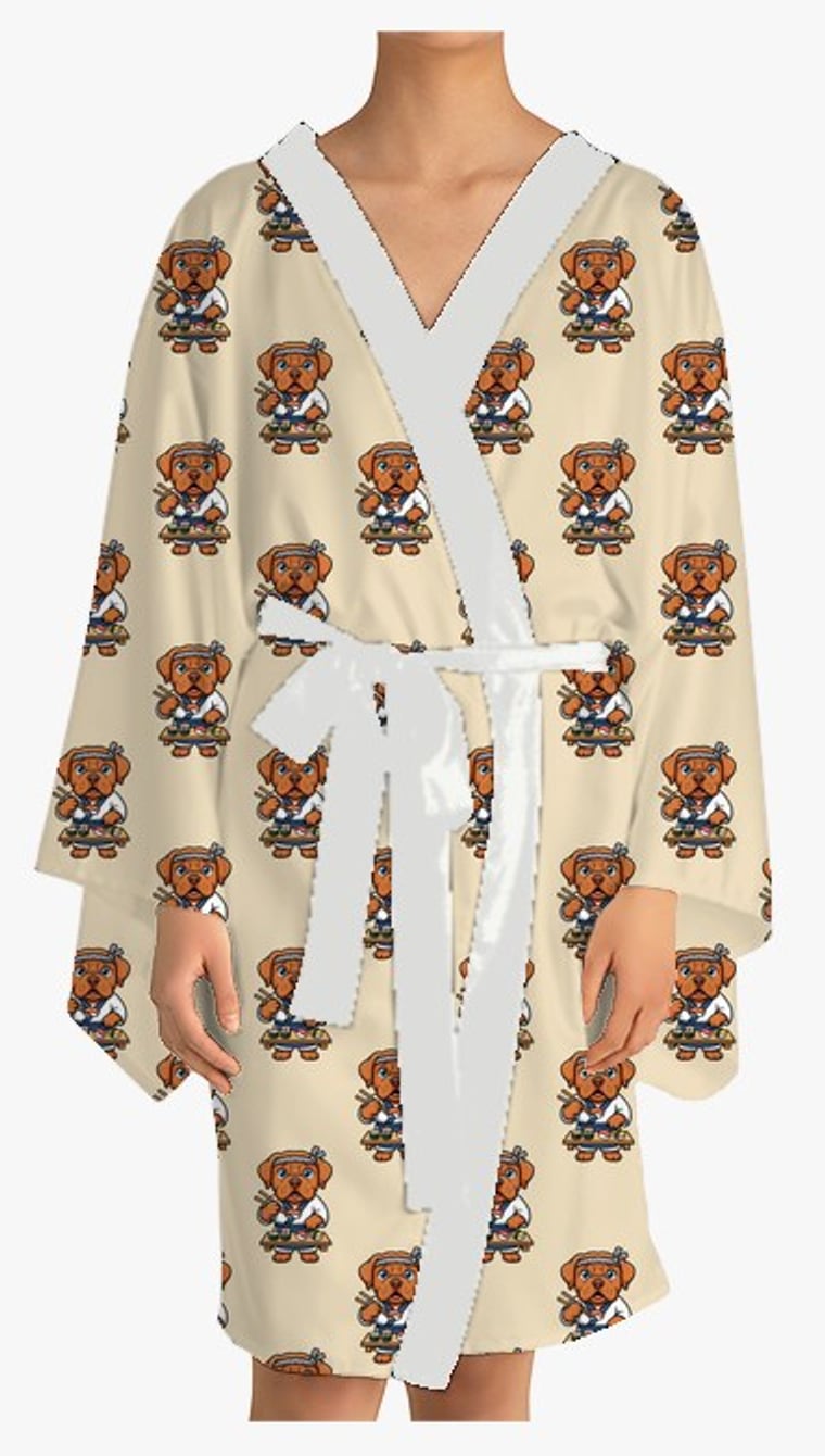 A kimono printed with a repeating pattern of a dog dressed as a sushi chef, with white trim