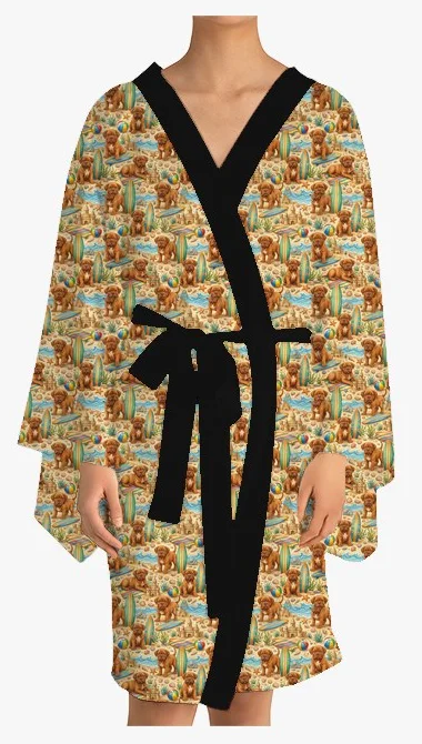 Kimono in the painted scene look: a dog on a sunny beach day with surfboards and sandcastles