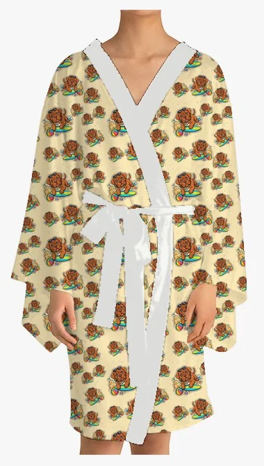 Kimono in the tossed print look: a dog on a sunny beach day with surfboards and sandcastles