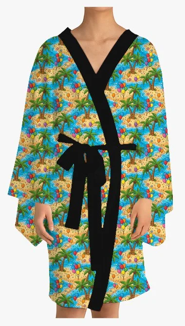 Kimono printed with a painted beach scene of palm trees, sea and colourful balloons