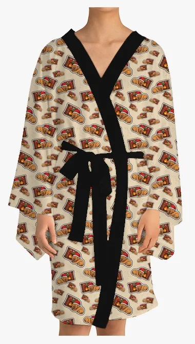 Kimono printed all over with a dog in a Santa hat asleep by a fireplace with stockings
